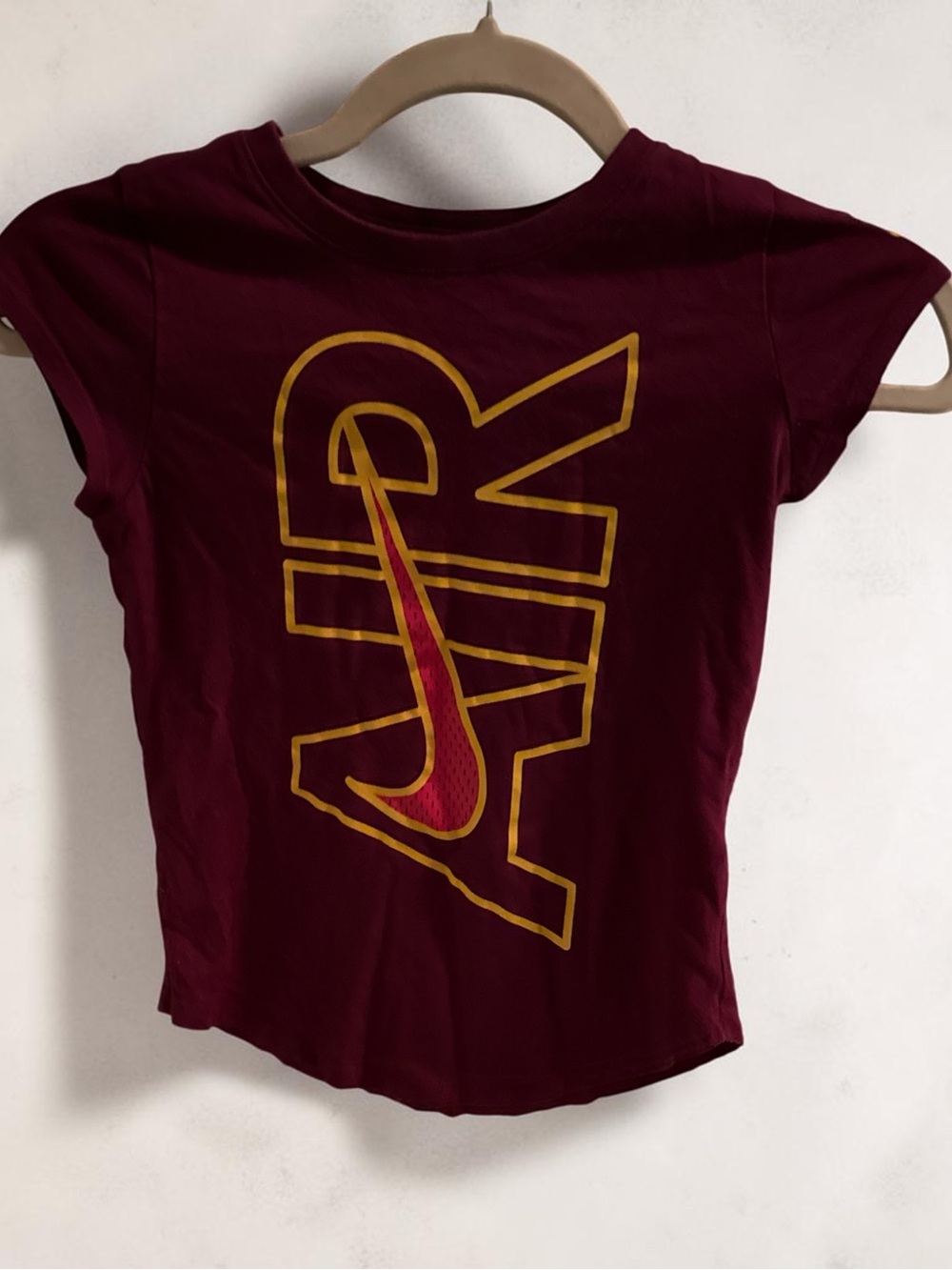 Nike Air Kids' Maroon Short Sleeve Tee with Gold Outline and Red Swoosh